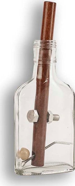 A transparent glass Grecian bottle with a wooden stick passing through its neck, featuring a metal nut and a small ball inside, showcasing a challenging mechanical puzzle design. The bottle has a classic shape and dimensions suitable for a unique desktop decoration or as a functional puzzle game.
