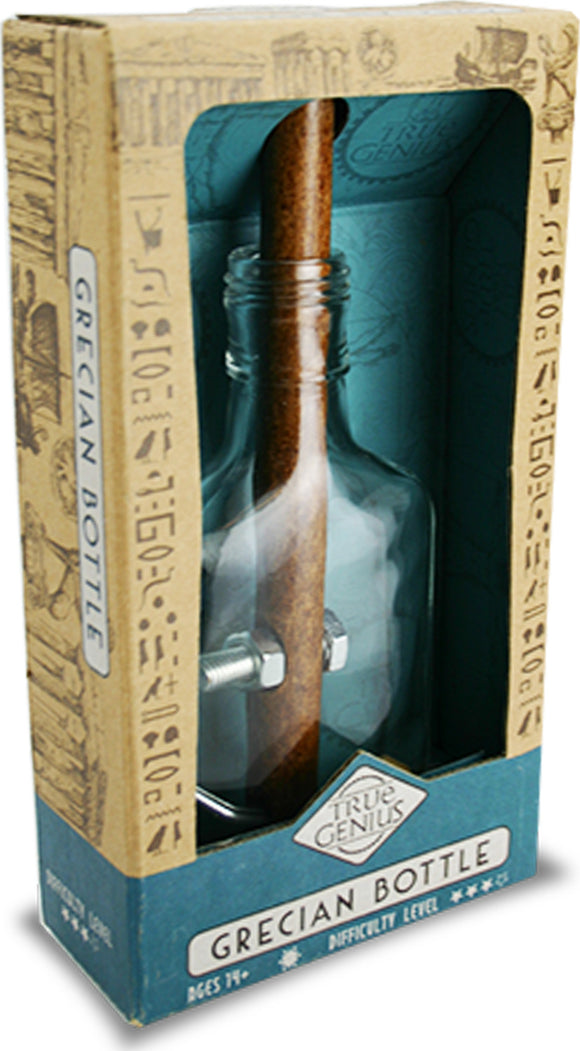 The Grecian Bottle is a mechanical puzzle featuring a glass bottle encased in a decorative box. The bottle has a wooden stick and metal fasteners, adding to its challenge. Ideal for ages 14 and up and offers engaging problem-solving fun.