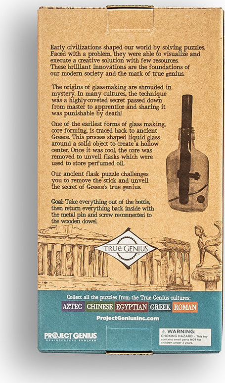 The Grecian Bottle by Project Genius, a mechanical puzzle designed to challenge the player. The packaging features historical references to ancient civilizations and details about its origin from Greece. The puzzle requires players to thoughtfully remove the inner stick and unveil the hidden contents, providing an engaging and educational experience.