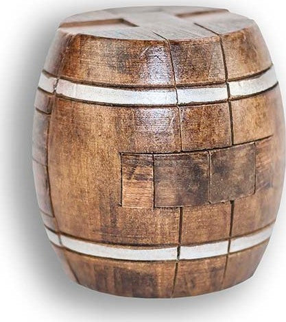 Pharaoh's Ale is a beautifully crafted mechanical puzzle designed to resemble a wooden barrel. The puzzle features intricate details and a vintage aesthetic with dark wood and white stripes that mimic barrel bands. Perfect for puzzle enthusiasts and fans of unique brain teasers.
