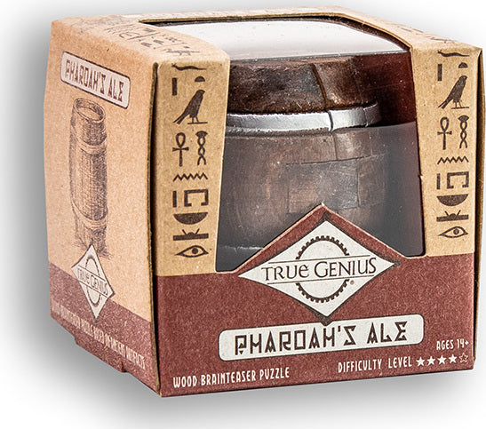 Pharaoh's Ale mechanical puzzle by Project Genius, featuring a detailed wooden barrel design. The packaged puzzle includes creative hieroglyphics and indicates a difficulty level of four stars. Ideal for fans of brainteasers and collectors of unique puzzles, suitable for ages 14 and up.