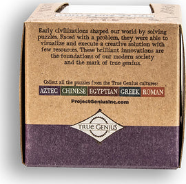The Aztec Sun Stone mechanical puzzle by Project Genius, featuring intricate designs inspired by early civilizations. The packaging highlights its cultural significance and encourages collection of puzzles from various cultures, including Aztec, Chinese, Egyptian, Greek, and Roman.