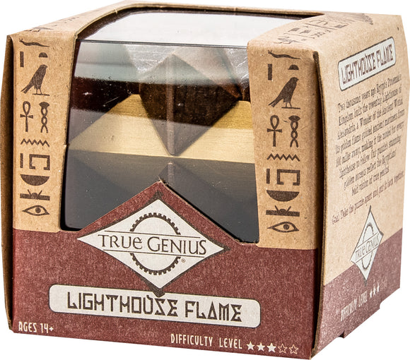 The Lighthouse Flame mechanical puzzle by Project Genius, showcased in its decorative packaging. The box features intriguing ancient symbols and a transparent top, highlighting the intricate puzzle design inside. The design emphasizes a challenge suitable for ages 14 and up, encouraging problem-solving and critical thinking.