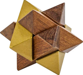 A intricately designed mechanical puzzle named Lighthouse Flame, featuring a star-like shape made of alternating dark wood and shiny gold pyramid pieces. The puzzle's unique design offers a challenging and engaging experience for puzzle enthusiasts and is ideal for cognitive development and stress relief.