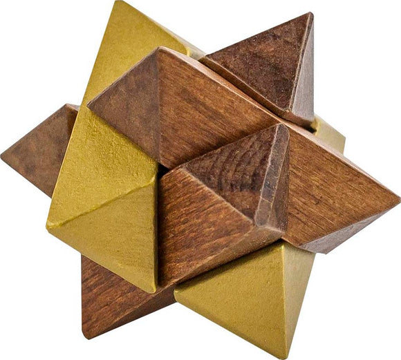 A intricately designed mechanical puzzle named Lighthouse Flame, featuring a star-like shape made of alternating dark wood and shiny gold pyramid pieces. The puzzle's unique design offers a challenging and engaging experience for puzzle enthusiasts and is ideal for cognitive development and stress relief.