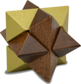 Lighthouse Flame mechanical puzzle featuring a unique geometric design with interlocking wooden pieces and intricate triangular shapes, showcasing a blend of natural wood and vibrant colors.