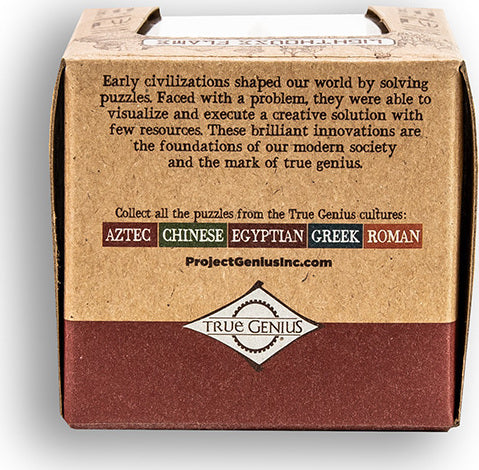 The Lighthouse Flame mechanical puzzle from Project Genius features intricate designs that challenge the mind. The packaging showcases cultural references to ancient civilizations like Aztec, Greek, and Roman, emphasizing creativity and problem-solving. Ideal for puzzle enthusiasts and those seeking mental stimulation.