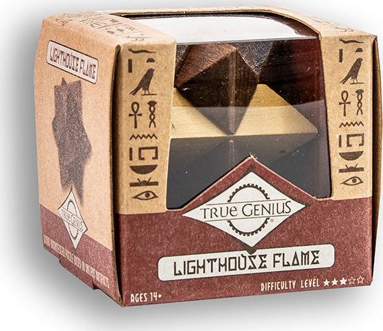 A close-up view of the Lighthouse Flame mechanical puzzle from Project Genius. The puzzle is presented in a stylish windowed box featuring an intricate design and symbols. The box is labeled 'Lightmouse Flame' and indicates a difficulty level suitable for ages 14 and up. The wooden pieces inside are visible, arranged in a geometric pattern that suggests an engaging challenge for puzzle enthusiasts.