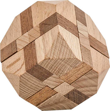 A beautifully crafted mechanical puzzle made of various shades of natural wood. The puzzle features a geometric design with interlocking pieces, showcasing the intricate craftsmanship and attention to detail. Ideal for enhancing problem-solving skills and providing a satisfying challenge.