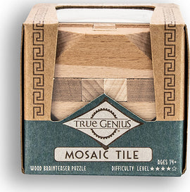 Mosaic Tile by Project Genius is a wooden mechanical brainteaser puzzle. The packaging features earthy tones with a geometric design, clearly displaying the product name and difficulty level. Ideal for ages 14 and up, this engaging puzzle challenges users to arrange the wooden pieces into a cohesive mosaic.