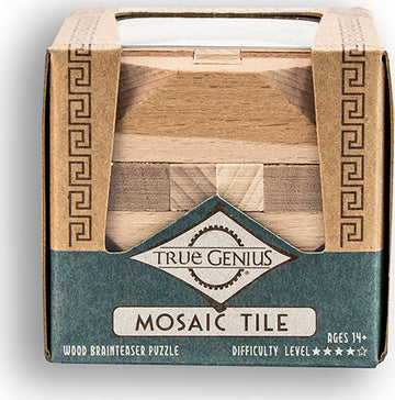 Mosaic Tile by Project Genius is a wooden mechanical brainteaser puzzle. The packaging features earthy tones with a geometric design, clearly displaying the product name and difficulty level. Ideal for ages 14 and up, this engaging puzzle challenges users to arrange the wooden pieces into a cohesive mosaic.
