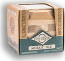 Mosaic Tile is a wooden mechanical puzzle by Project Genius. The package shows a square box with a clear lid, displaying the ingeniously crafted wooden pieces inside. It's designed for ages 14 and up, featuring a brainteaser with a medium difficulty level, perfect for lovers of puzzles and mental challenges.