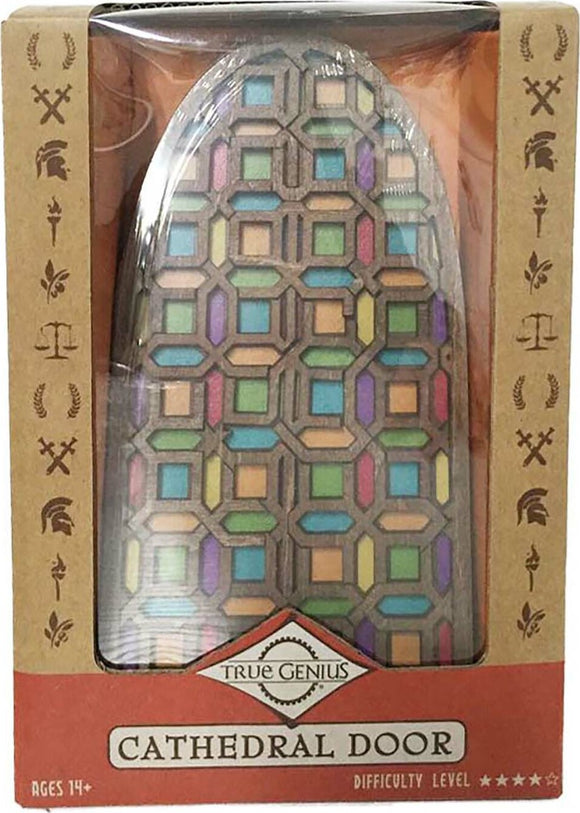 The Cathedral Door mechanical puzzle by Project Genius features an intricate design resembling stained glass in vibrant colors, set within a wooden frame. This challenging puzzle promotes problem-solving skills and offers an engaging tactile experience for ages 14 and up.