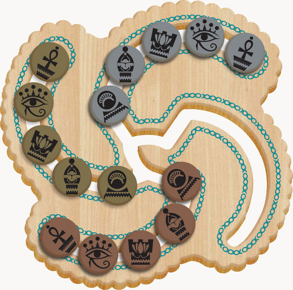 Egyptian Coin Trade by Project Genius is a mechanical puzzle featuring intricately designed coins with hieroglyphs. The puzzle showcases various symbols of ancient Egypt on a wooden board, connected by a vibrant blue chain, encouraging strategic thinking and problem-solving skills.