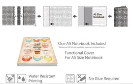 Love Corner A5 Jigsaw Notebook Cover + Notebook by Pintoo, featuring a colorful design with coffee cups and pastries. Includes a jigsaw puzzle cover that fits an A5 notebook. The product is water-resistant and requires no glue for assembly.
