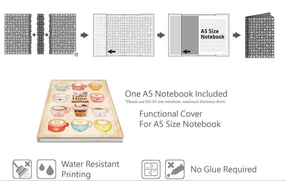 Les Rues Tranquilles A5 Jigsaw Notebook Cover by Pintoo, featuring a colorful design with cups and desserts. Includes one A5 notebook. The cover is made from durable material with a water-resistant finish, and designed to fit standard A5 notebooks with no glue required for assembly. Ideal for puzzle and stationery enthusiasts.