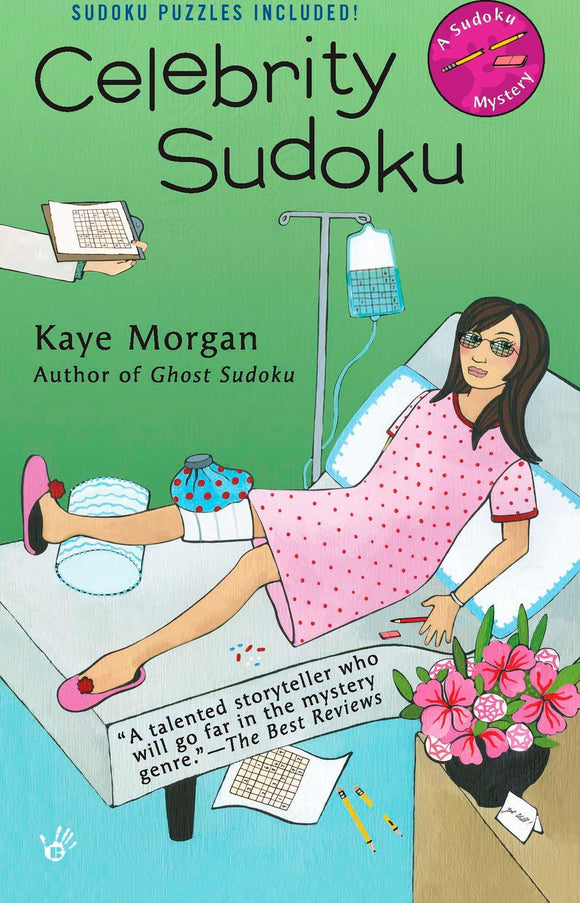Cover of the book 'Celebrity Sudoku' by Kaye Morgan, featuring a character relaxing with a Sudoku puzzle. The background is green, with floral decorations and the author’s name prominently displayed.
