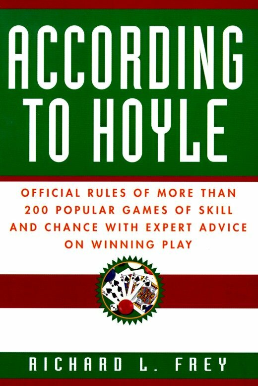 Cover of the book 'According to Hoyle' by Richard L. Frey, featuring bold white and red text on a green background. The subtitle describes official rules for over 200 games of skill and chance, along with expert advice.