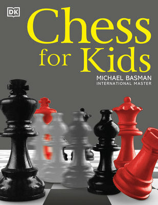 Cover of the book 'Chess For Kids' by Michael Basman, featuring colorful chess pieces in black and red on a chessboard background. The title is prominently displayed in yellow.