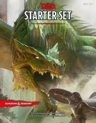 Dungeons & Dragons Starter Set cover featuring a green dragon with a warrior in the foreground. The image showcases fantasy artwork, inviting players into the world of tabletop role-playing.