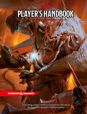The Player's Handbook for Dungeons & Dragons 5th Edition. The cover features an epic scene of a heroic character facing a menacing dragon, showcasing vivid artwork. The title is prominently displayed at the top, with the Dungeons & Dragons logo at the bottom.