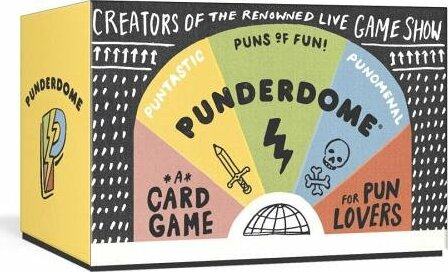The Punderdome card game box featuring vibrant graphics and playful illustrations, promoting pun-related fun. The design includes phrases like 'Puns of Fun' and 'Pundastic', appealing to pun lovers.