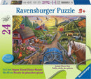 A colorful 24-piece jigsaw puzzle titled 'My First Farm' by Ravensburger, featuring a vibrant farm scene with animals, barns, and a tractor. The puzzle is designed for children aged 3 and older, measuring 3x2 feet, making it a super-sized floor puzzle. The image showcases a variety of farm animals, including cows, pigs, and chickens, along with a picturesque landscape of fields and mountains.