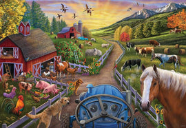 A colorful jigsaw puzzle depicting a vibrant farm scene with red barns, a blue tractor, various farm animals including cows, horses, pigs, chickens, and a playful dog. The background features rolling hills, trees in autumn colors, and a sunset sky filled with birds.