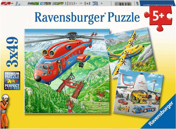 Ravensburger Above the Clouds jigsaw puzzle set featuring 3 colorful 49-piece puzzles. Each puzzle showcases vibrant scenes with a helicopter, airplanes, and beautiful mountainous landscapes, designed for children aged 5 and above.