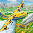 A vibrant jigsaw puzzle featuring a colorful seaplane flying over a lush green landscape with mountains in the background. The plane is yellow and blue, with its propellers spinning, and the scene depicts smoke and fire below, suggesting an action-packed adventure amidst nature. Ideal for puzzle lovers and enthusiasts of breathtaking landscapes.