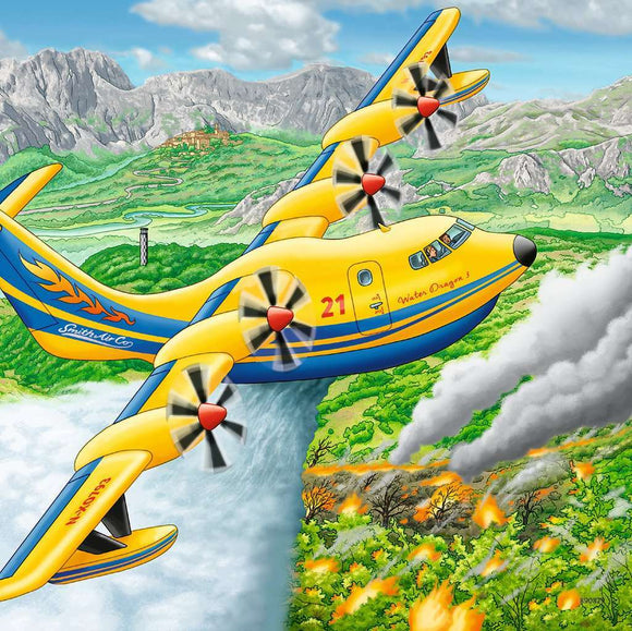 A vibrant jigsaw puzzle featuring a colorful seaplane flying over a lush green landscape with mountains in the background. The plane is yellow and blue, with its propellers spinning, and the scene depicts smoke and fire below, suggesting an action-packed adventure amidst nature. Ideal for puzzle lovers and enthusiasts of breathtaking landscapes.
