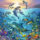 A vibrant jigsaw puzzle depicting an underwater scene filled with dolphins, colorful fish, and coral reefs. The background features rays of sunlight filtering through water, illuminating the lively marine life and creating a peaceful ambiance, suitable for ocean enthusiasts and puzzle lovers alike.
