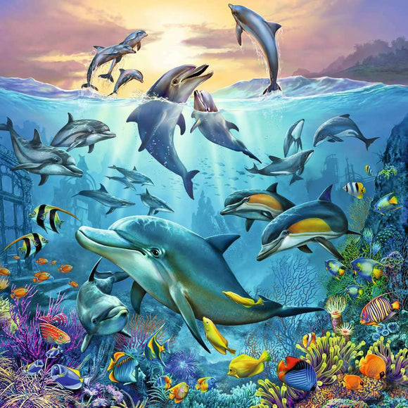 A vibrant jigsaw puzzle depicting an underwater scene filled with dolphins, colorful fish, and coral reefs. The background features rays of sunlight filtering through water, illuminating the lively marine life and creating a peaceful ambiance, suitable for ocean enthusiasts and puzzle lovers alike.