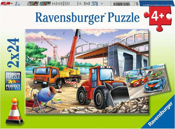 Ravensburger Construction & Cars jigsaw puzzle box featuring a scene with construction vehicles such as a tractor and crane, alongside a group of colorful sports cars. The design emphasizes creativity and fun for children aged 4 and above.