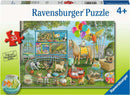 The 'Pet Fair Fun' jigsaw puzzle by Ravensburger features a vibrant animal fair scene with various pets including dogs, cats, a parrot, a horse, and a turtle. The illustration showcases a variety of small animal cages, baskets, and colorful balloons, designed for children aged 4 and up. It includes 35 pieces, ensuring colorful fun for young puzzlers.