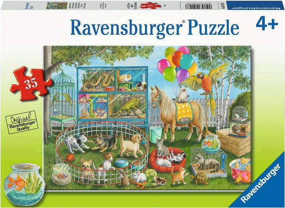 The 'Pet Fair Fun' jigsaw puzzle by Ravensburger features a vibrant animal fair scene with various pets including dogs, cats, a parrot, a horse, and a turtle. The illustration showcases a variety of small animal cages, baskets, and colorful balloons, designed for children aged 4 and up. It includes 35 pieces, ensuring colorful fun for young puzzlers.