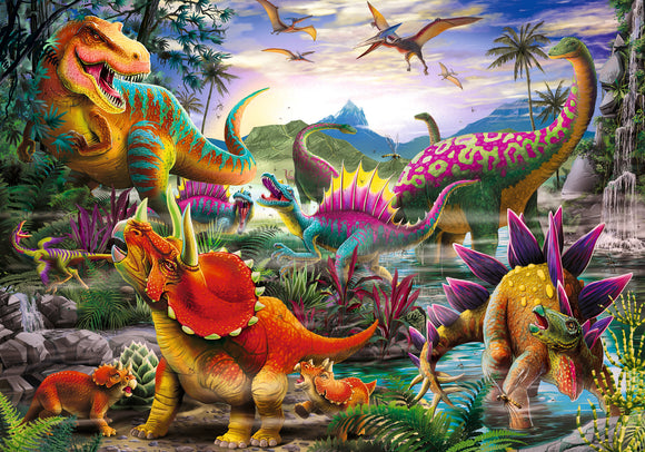 A vibrant jigsaw puzzle featuring colorful dinosaurs including a T-Rex, Triceratops, and Stegosaurus in a lush prehistoric landscape, surrounded by plants, mountains, and flying pterosaurs.