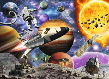 A vibrant jigsaw puzzle featuring an illustration of space, showcasing planets like Jupiter and Saturn, spaceships, astronauts exploring a lunar landscape, and various celestial bodies. The colorful background captures the essence of the universe, filled with stars, asteroids, and a radiant sun.