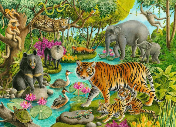 A vibrant jigsaw puzzle scene featuring various animals of India including elephants, tigers with their cubs, a bear, a leopard, and several birds, amidst lush vegetation and a water stream.