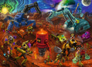A colorful jigsaw puzzle featuring a whimsical space construction scene. Various cute robots are depicted working on a Martian landscape, with machinery such as excavators, drills, and a lava-like furnace. The background features a vibrant cosmic sky filled with stars, planets, and swirling colors, creating a fun and engaging environment for puzzle enthusiasts.