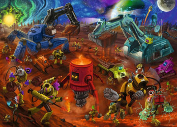 A colorful jigsaw puzzle featuring a whimsical space construction scene. Various cute robots are depicted working on a Martian landscape, with machinery such as excavators, drills, and a lava-like furnace. The background features a vibrant cosmic sky filled with stars, planets, and swirling colors, creating a fun and engaging environment for puzzle enthusiasts.