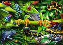 A vibrant and detailed jigsaw puzzle image featuring various colorful amphibians, including frogs and insects, set against a lush green tropical backdrop. Brightly colored frogs in different poses and species are depicted on leaves and branches, showcasing the diversity of amphibian life in a rain forest environment.