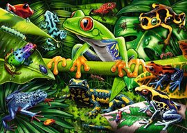 A vibrant and detailed jigsaw puzzle image featuring various colorful amphibians, including frogs and insects, set against a lush green tropical backdrop. Brightly colored frogs in different poses and species are depicted on leaves and branches, showcasing the diversity of amphibian life in a rain forest environment.