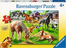 A colorful jigsaw puzzle titled 'Happy Horses' by Ravensburger featuring a serene farm scene with various horses, a pony, and other animals. There are barns in the background, lush green grass, and a sunny sky, ideal for ages 4+. The puzzle is designed with 60 pieces, showcasing vibrant artwork that captures a lively agricultural atmosphere.