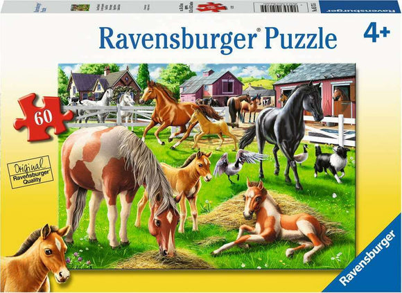 A colorful jigsaw puzzle titled 'Happy Horses' by Ravensburger featuring a serene farm scene with various horses, a pony, and other animals. There are barns in the background, lush green grass, and a sunny sky, ideal for ages 4+. The puzzle is designed with 60 pieces, showcasing vibrant artwork that captures a lively agricultural atmosphere.