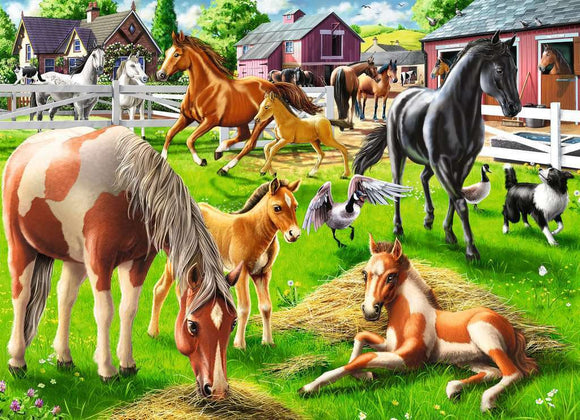 A colorful jigsaw puzzle titled 'Happy Horses' by Ravensburger, featuring a lively farm scene with various horses of different colors, including a brown and white spotted horse, sleek black horses, and playful foals, set against a backdrop of barns, a lush green meadow, and flying birds.