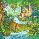 A vibrant jigsaw puzzle titled 'Jungle Fun' featuring various jungle animals in a lush green setting, including a sloth hanging from a branch, a leopard walking near a stream, colorful toucans, butterflies, and a variety of lush plants. The scene is rich in detail with a waterfall in the background, creating a lively depiction of jungle life.