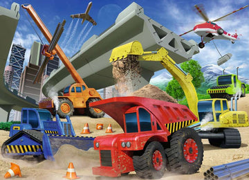 A vibrant jigsaw puzzle depicting colorful construction trucks at work. The scene includes various construction vehicles, such as a red dump truck, a yellow excavator, and a blue bulldozer, set against a backdrop of a city with a highway under construction and mountains in the distance. Traffic cones are scattered throughout, enhancing the construction theme.