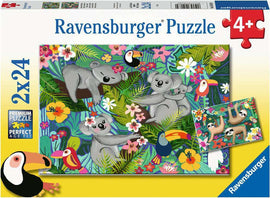 Ravensburger jigsaw puzzle titled 'Koalas and Sloths'. The puzzle features playful koalas and sloths in a vibrant jungle setting with tropical plants, flowers, and colorful birds. Suitable for children aged 4 and above, this puzzle contains two 24-piece puzzles, making it a fun and educational activity for young kids.