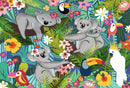 A vibrant and colorful jigsaw puzzle featuring playful koalas and sloths amid a tropical backdrop of lush green leaves, bright flowers, and exotic birds like toucans and cockatoos. The illustration showcases various animals lounging, exploring, and interacting in a lively jungle setting, making it perfect for animal lovers and puzzle enthusiasts.